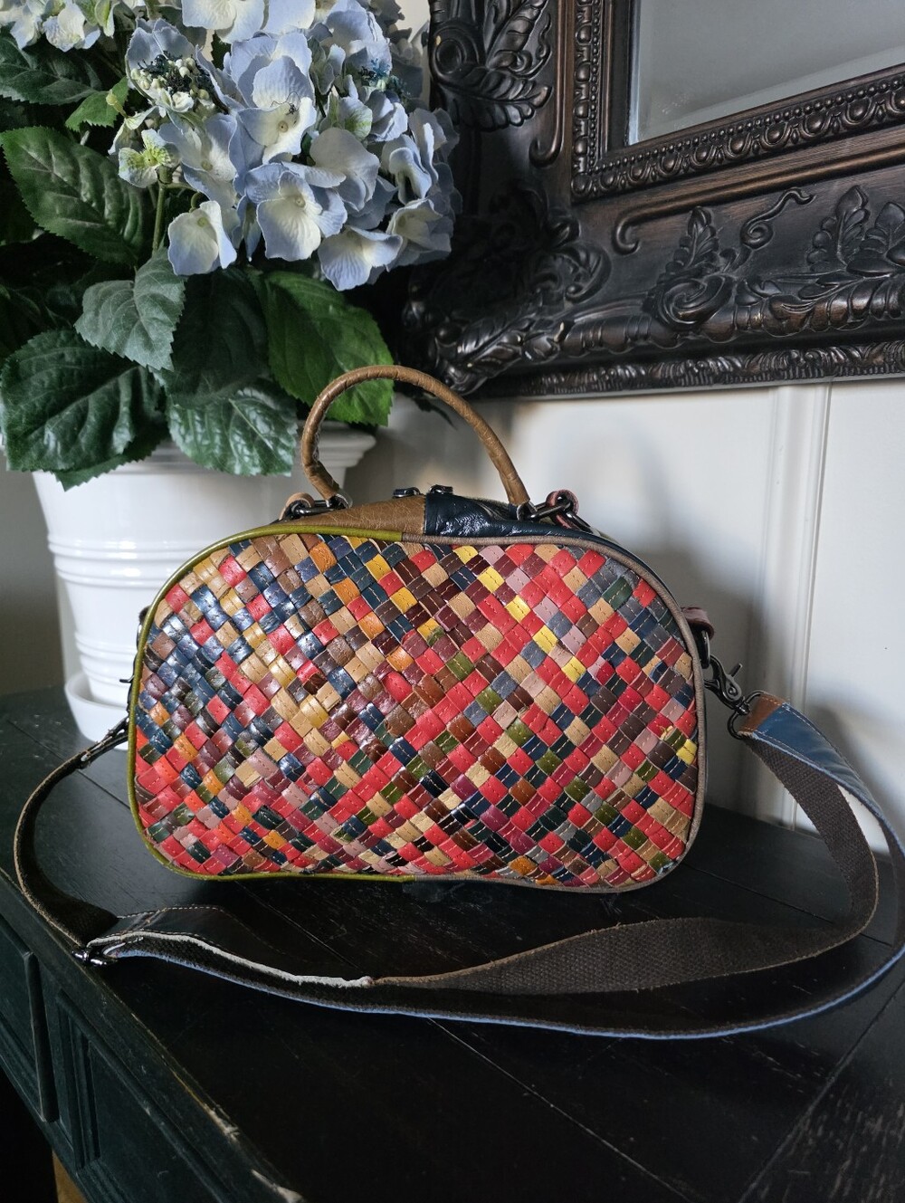 Amerileather Beckett Woven Crossbody Top Handle Patchwork Leather Bag Multicolor